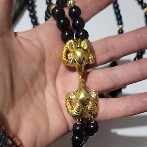 Kenneth J Lane~ KJL~ Avon  ~1986~ Black Onyx and Gold Ram Head Necklace